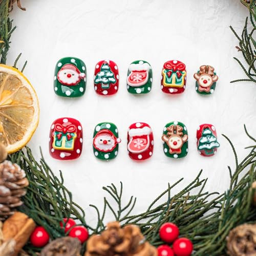 Sun&Beam Nails Handmade Press-on Short Squoval Round Red Green Brown Christmas 3D Sweet Design Fashion False Nail Tips 10 Pcs Set (#193 S)