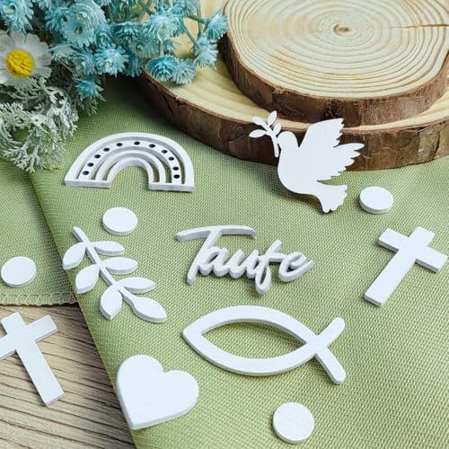 Streudeko Taufe, Tischdeko Taufe 120 Stück, Taufe Deko Mädchen mit Holzfische Deko Kreuz Regenbogen Weizenähren Tauben uchstaben Herz Punkte Taufdeko Junge