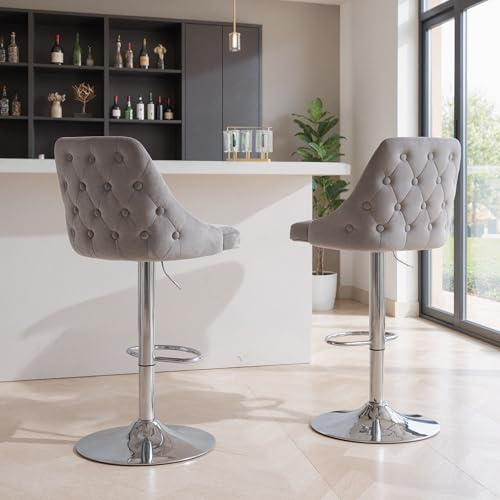 Ya-Home Barhocker 2er Set Barstuhl aus Samt Küchenhocker höhenverstellbar Tresenhocker drehbarer Bistrohocker mit Fußstütze für Kücheninsel/Hausbar, Grau