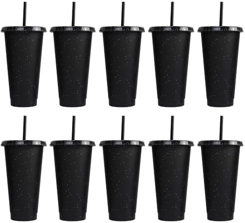 YANGUN 10 Pcs Reusable Plastic Cups, 24 oz Plastic Tumblers with Lid and Straw, Cold Cups, Reusable Plastic Tumblers for Adults and Kids Party and Beach, Pool Gatherings (Black)