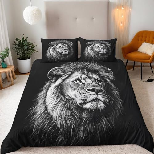 Generisch Löwe Bettwäsche 135x200 Löwe Bettbezug Junge Mädchen 3D Effekt Teenager Bettwäsche-Set Mikrofaser Bettbezug Mit Reißverschluss Und 2 Kissenbezug 80x80 cm