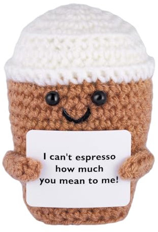 Kvekstio Cute Crochet Espresso Gift, Funny Positive Coffee Cup Plush, Emotional Support Coffee with Positive Card, Cheer Up Knitted Espresso Doll Gifts, Easter Desktop Decor for Coffee's Lover