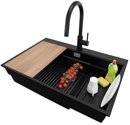PRIMAGRAN Fregadero Granito Negro 78x53cm, Cocina 1 Seno + Grifo 40x20cm + Sifón + Accesorios, Sobre encimera al mueble 80cm - Oslo Max