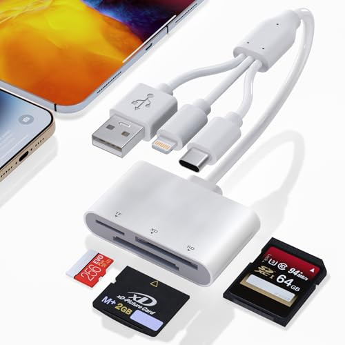 XD Card Reader, SD Card Reader for iPhone/Lightning/USB C/USB Device, 3 in 1 MicroSD/SD/xD Picture Card Memory Card Reader Camera Phone Adapter, Use for Android iPhone 16/15/14 iPad MacBook PC Laptop