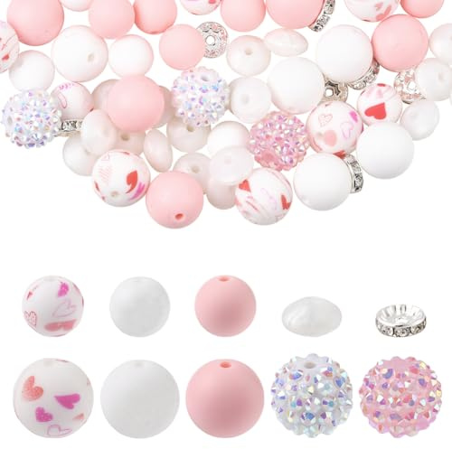 SOFPLATE 64 pièce de Perles D'Espacement en Silicone Rose pour Stylos Porte Clés Perles Colorées Assorties Boules Rondes Souples Petites Entretoises Lisses Kits D'Accessoires pour Stylos Porte Clés Co