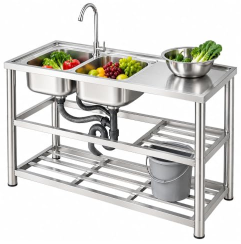 Mqwdxzfes Freistehende Edelstahl Spültisch, Küchenspüle mit Unterschrank, Gastronomie Spüle mit 2 Becken, Großvolumen Spülbecken, Outdoor Spüle Waschtisch für Küche Camping, 120x 45x80 cm