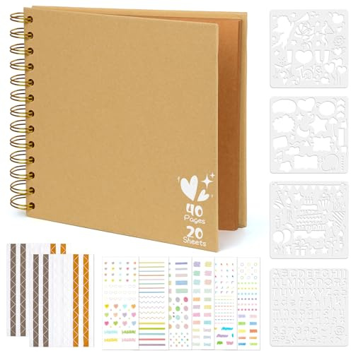 Fotoalbum zum Selbstgestalten, Scrapbook Fotobuch 17x17cm 40 Seiten mit 6xAufkleber, 102xEckaufkleber, 4xVorlagen, Fotobücher Kraftpapier Spiralalbum Erinnerungsbuch für Hochzeit Baby Jahrestag Braun