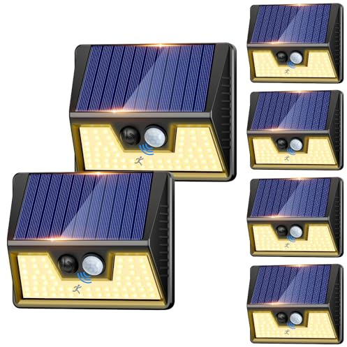 nipify Foco LED de exterior solar, 6 unidades, luz solar exterior con sensor de movimiento, 3 modos impermeables, focos solares para jardín, patio, garaje, pared, blanco cálido