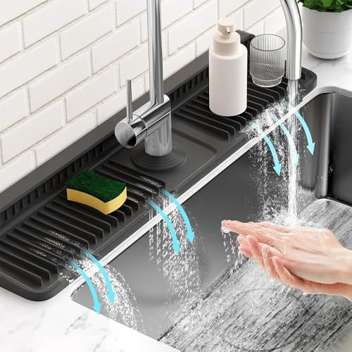 24 Inch Longer Silicone Kitchen Sink Splash Guard - Fast Self-Draining Faucet Mat with 7° Slope Design - Snap Lock Fit Water Splash Guard for Kitchen Sink Area (Black)