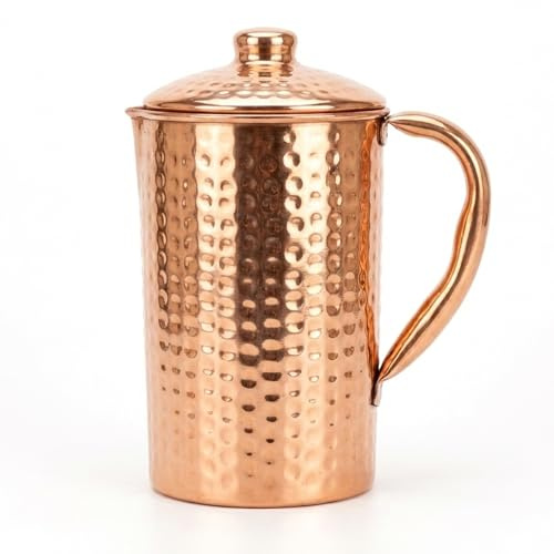 COPPAYA Pure Copper Hammered Water Pitcher – 1.5 Litre Ayurvedic Drinking Jug with Lid, Handcrafted Traditional Drinkware, Made in India