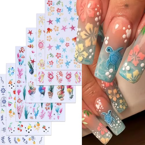 NICENEEDED 6 Sheets Fruits Ocean Animal Nails Art Stickers, 3D Self-Adhesive Nails Stickers, Starfish Sea Turtle Seahorse Fruit Nail Decal Supplies Summer Nail Art Decoration