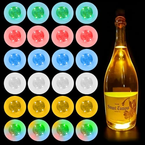 Lot de 24 dessous de verre LED, 3 modes d'éclairage, dessous de verre lumineux, autocollants LED, lumières d'ambiance pour verres, bouteilles, bar, fêtes, mariages, festivals