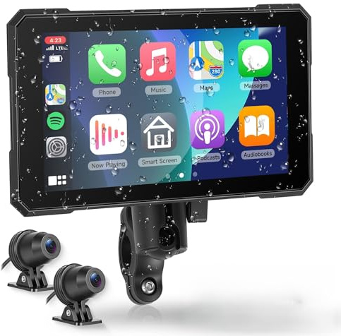 VECHTEL Motorrad Navi mit Zwei Kameras per Moto, 5'' HD Touchscreen GPS Navigation für Motorrad mit Kabelloses CarPlay und Android Auto DVR IP68 Wasserdicht Bluetooth EQ Assistente Siri/GOO-gle TPMS