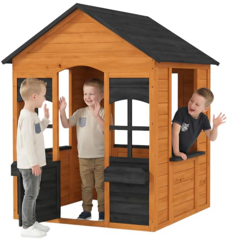 AIYAPLAY Casetta da Giardino per Bambini 3-8 Anni con Tetto, Marrone Chiaro | Legno di Abete, Esterno Interno, Mezza Porta, Finestre, Portavasi, 110.6x106.6x138 cm