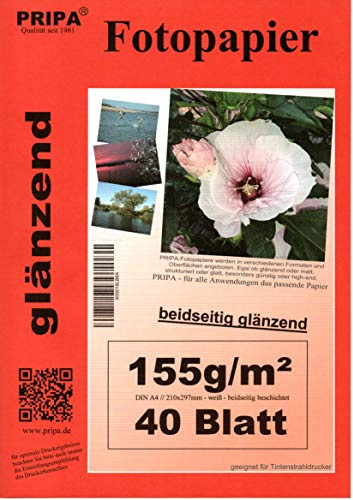 beidseitig pripa 40 Blatt Fotopapier Photopapier A4, 155g - beidseitig glossy glaenzend - sofort trocken - wasserfest - hochweiß - sehr hohe Farbbrillianz fuer InkJet – Tintenstrahl Drucker