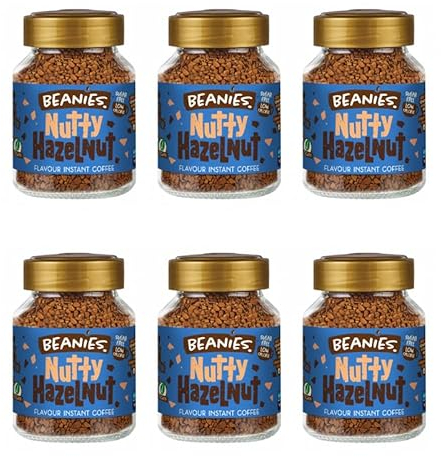 6X Beanies Nutty Hazelnut Flavoured Instant Coffee Jars: 50g per jar