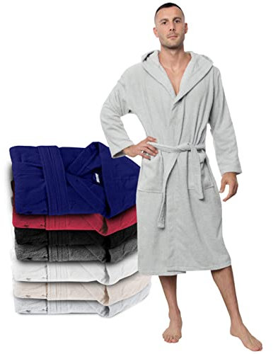 Twinzen Bademantel Herren - XL - Grau - 100% Baumwolle (350g/m²) Oeko-TEX® Zertifiziert - Bademantel mit Kapuze, 2 Taschen, Gürtel