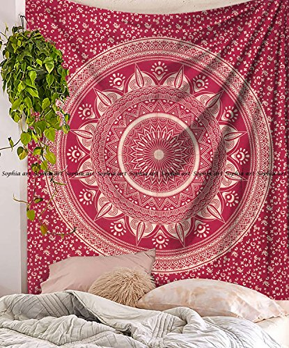 Einzigartige indische Tapisserie Hippie Mandala schöne Handarbeit Tagesdecke Wanddekoration Queen Tapisserie Art Deco 86 x 94 Mahroon-Gold-Trident