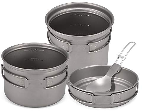 Lixada Titanium Topf Set aus reinem Titan, 1100ml / 1600ml Topf + 350ml / 500ml Pfanne,Φ125 * 102mm, mit faltbarem Griff, für Outdoor Camping, Wandern (1000ml&750mlTopf+Pfanne+Spork)
