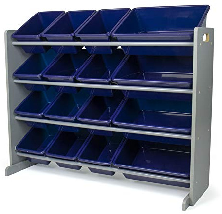 Humble Crew Toy Storage Organizer with 16 Removable Storage Bins for Kids Playroom, 4-Tier Toddler Toy Organization, Grey/Navy