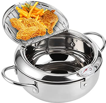 Hapivida Stainless Steel Deep Frying Pot Japanese Style Tempura Frying Pan with Temperature Control and Oil Drip Drainer Rack for French Fries Shrimp Meatballs Kitchen Cooking (9Inch)