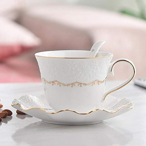 Tmore Juego de taza de té y platillo de porcelana moderna de cerámica, taza de café británica de lujo con borde dorado, caja de regalo, taza de café + platillo + cucharadita, 200 ml (taza de café-B)