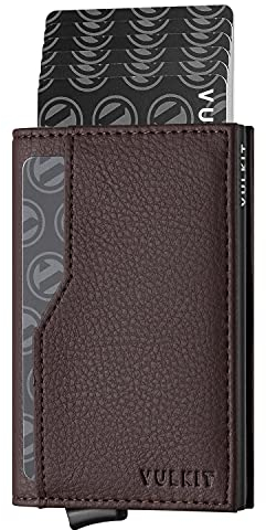 VULKIT Credit Card Holder with Double ID Window Leather Passcase Wallet RFID Blocking Automatic Pop Up Card Wallet for Cards & Notes