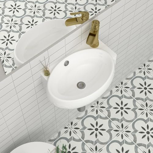 Mocoloo Wandmontiertes Waschbecken, rechte Ecke, schwimmende Waschbecken mit Wasserhahnloch, 40,6 cm, weiß, ADA-konform, Keramik, Badezimmer-Waschbecken, Wandaufhängung, Porzellan mit Überlaufloch,