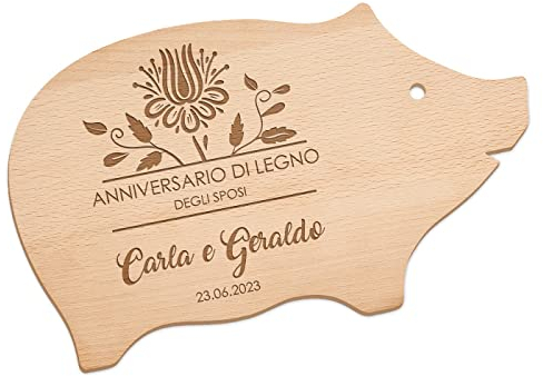 Maverton Tagliere in legno di faggio - incisione personalizzata - a forma di maialino - dimensioni 30cm x 18cm circa - pensiero speciale per la coppia - anniversario