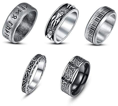 Corato 5 Stücke Edelstahl Herren Ring Set Punk Pfotenabdruck Hochzeit Ring Edelstahl Ring mit Vintage-Muster Silber Spinner Verlobung Ring für Damen Größe 62 (19.7)