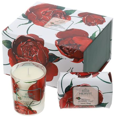 Hervit Set Duftkerze Baccarat weiß im Glas und Seife Duft White Musk - Geschenkbox - Kerze im Glas elegant und dekorativ Duft Weißer Moschus - Kerze 70 g und Seife 120 g