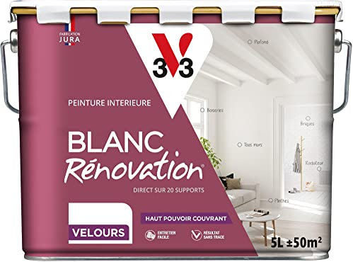 V33 Peinture blanche mur et plafond veloutée - multi-supports - monocouche - BLANC RENOVATION®, 5L