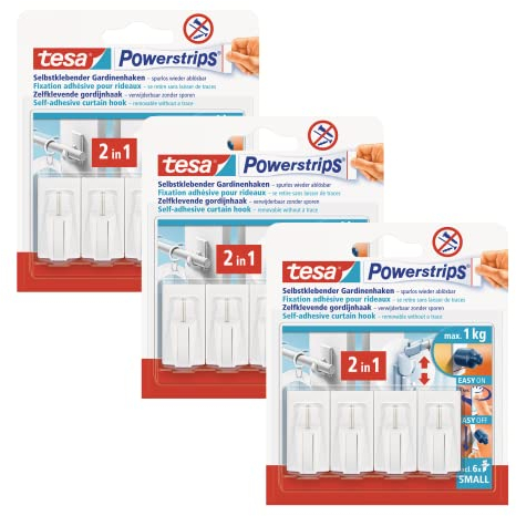 Tesa Powerstrips® Crochets de Fixation Auto-Adhésifs SMALL Pour Rideaux et Store d'une Charge Jusqu'à 1 kg - Lot 3 – Amovibles Réutilisables toute la Maison 3x 4, 12 Stück (3er Pack), White