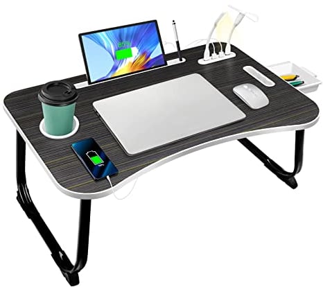 AirOpen Tavolino da Letto, Tavolo Pieghevole con 4-USB, Cassetto, Porta Tablet, Porta Bicchieri, Maniglia di trasporto, Adatto per Letto, Divano, Pavimento(60 * 40cm, Nero)