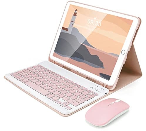 SOPPY Bluetooth Keyboard Case with Mouse for iPad 9th Gen 2021, 8th Gen 2020, 7th Gen 10.2 2019, Air 3 & Pro 10.5, Detachable Wireless, Slim Protective Cover, with Pencil Slot, UK Layout, Pink
