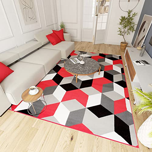 Mazovia Groß Teppich Wohnzimmer 160x230cm Rot Anthrazit Geometrisch Weich | Teppich für Schlafzimmer Büro Esszimmer Pflegeleicht Fußbodenheizungsgeeignet Reinigungsmittelbeständig Kurzflor Synthetisch