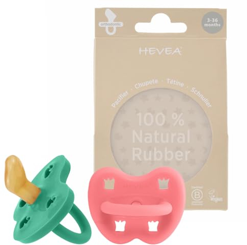 HEVEA Naturkautschuk Schnuller Kiefergerechte Form, 3-36 Monate - hygienisches einteiliges Design für Neugeborene bis Kleinkinder, BPA-frei, weich & langlebig - 2Pack (Korallen Rosa & Smaragdgrün)