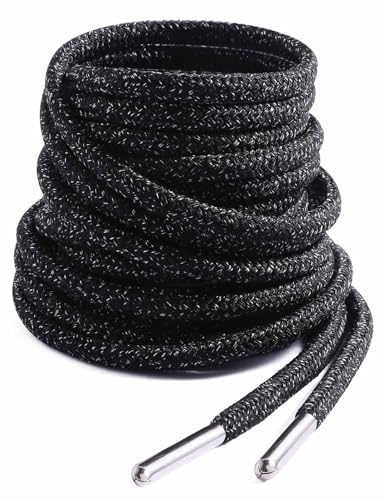 VSUDO 200 cm Lacci Rotondi Indistruttibili Neri per Stivali, Escursionismo e Lavoro All'aperto, Lacci Solidi Neri per Stivali con Punte Metalliche (1 Coppia-Nero con Punto Bianco-200CM)