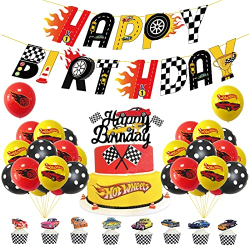 Rennwagen Kindergeburtstag Deko - Racing Car Luftballons, Rennauto Kuchen Topper und Girlande für Race Car Geburtstag