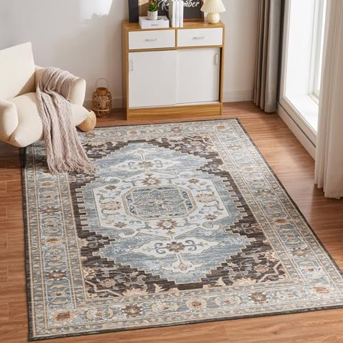 CHOSHOME Waschbarer Teppich Wohnzimmer 80x150CM Teppich Schlafzimmer Vintage Kurzflor Teppich Groß Weiche Teppich für Schlafzimmer rutschfest Teppich Flauschiger Teppich Braun