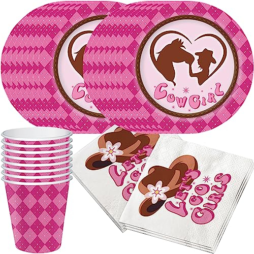 WIDEBG Partygeschirr Cowgirl Kindergeburtstag Deko Mädchen Pferd Party Geschirr Western Cowgirl Geburtstag Pappbecher Pappteller Servietten Cowboy Geburtstag Geschirr Set 16 Personen