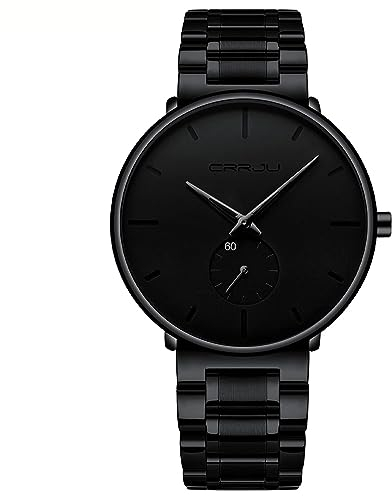 CRRJU Herren Uhren Ultra Dünne Schwarze Minimalistische Quartz mit Edelstahlarmband fur Männer Klassische Elegantes Geschenk