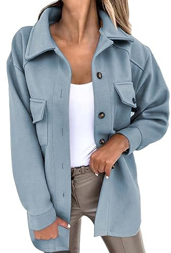 Damen Casual Revers Shacket Jacke Langarm Einreiher Trenchcoat Mit Gürtel Mittellanger Outwear Warmer Mantel Damen plus Größe Wollmäntel, hellblau, 36