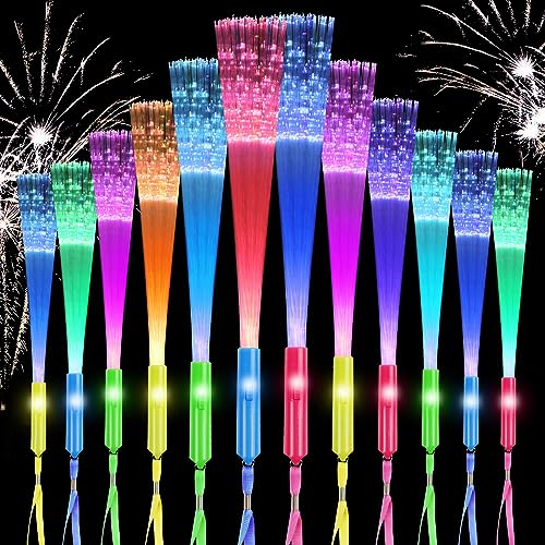 Ainiv 12 Stück Leuchtstab Glasfaser, Leuchtstäbe Partyzubehör, LED Leuchtstäbe Glow in The Darkness Stick Partyzubehör, Leuchtstäbe Bunte für Kinder Halloween, Weihnachten, Party, Konzert, Hochzeit