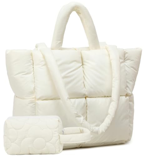 BTOOP Puffer Tote Bag Quilted Puffy Purse Padded Winter Shoulder Bag with Makeup Bag Lightweight Down Handbag for Women Work, Cream