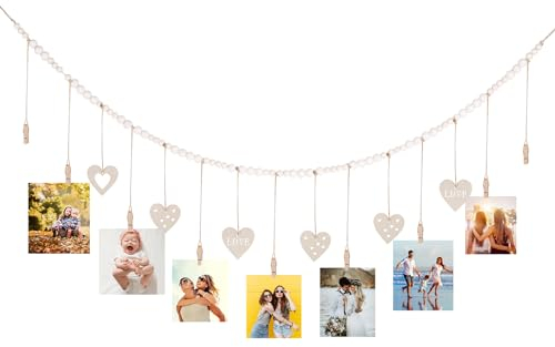 Jasfyee Présentoir photo mural avec 9 clips en bois, décoration murale en forme de cœur de 138 cm pour accrocher des cartes postales photo, décoration de chambre à coucher, de salle de bain
