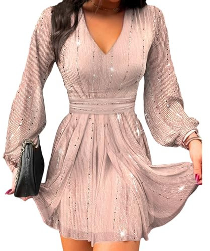 fxwtich Women's Dress Deep V-Neck Long Sleeve Low-cut Lantern Sleeves Tight Waist Pleated Mini Dress Champagne S