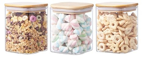 ORNAMI Airtight Glass Pantry Storage Canister with Bamboo Lid | BPA-Free, Clear Kitchen Storage Jar | Square shaped (3, 1L)