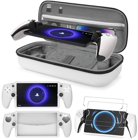 Foluck 3 in 1 Accessoris Set Compatible with Playstation Portal, EVA Carrying Case for PS5 Portal, Soft Silicone Protective Cover, 2 Pack Screen Protector, Ps Portal Accessories, White