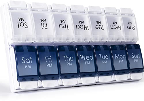 CSTDE Weekly Pill Box Organiser, Large Pill Organiser 2 Times a Day, Travel Tablet Medication Box with Push Button Design for Vitamin, Fish Oil, Supplements